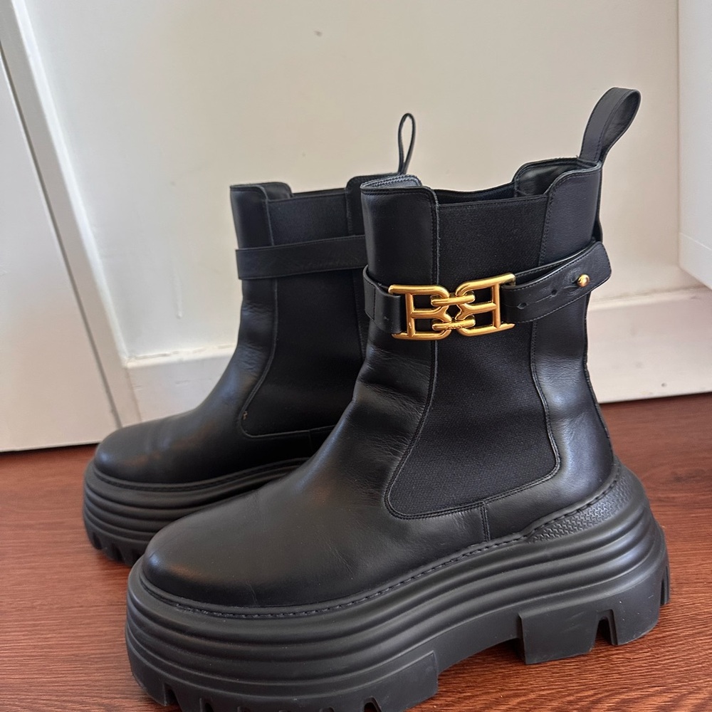 Black Leather Ankle Boots with Gold Accent